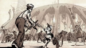 Cartoon of boy going to a baseball game with his dad